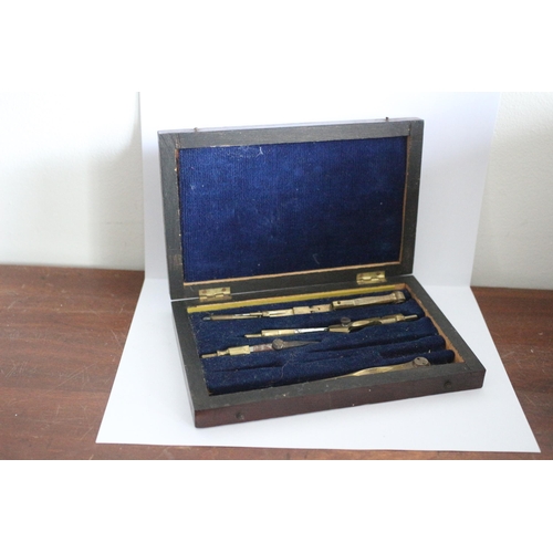 130 - Vintage Boxed Geometry Set , (not complete), with Brass Plate to top of box