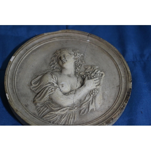 131 - Antique Plaster / Ceramic Circular Plaque Featuring Semi Naked Greek / Roman Woman Holding Grapes - ... 