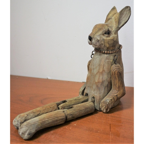 346 - An Antique Carved Pine Multi Jointed Rabbit with Glass Eyes - 30cm Tall