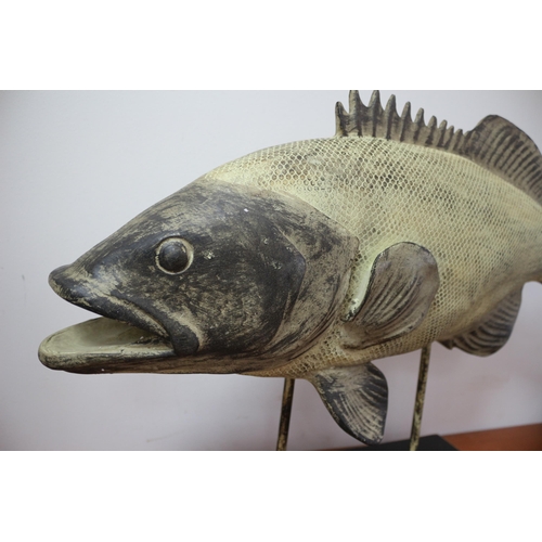 370 - Large Wooden Carved Fish on Plinth