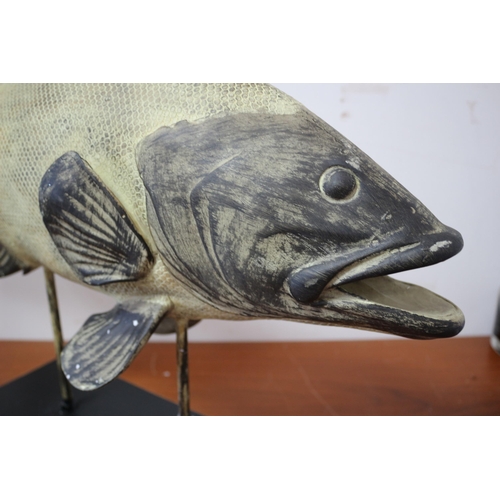 370 - Large Wooden Carved Fish on Plinth