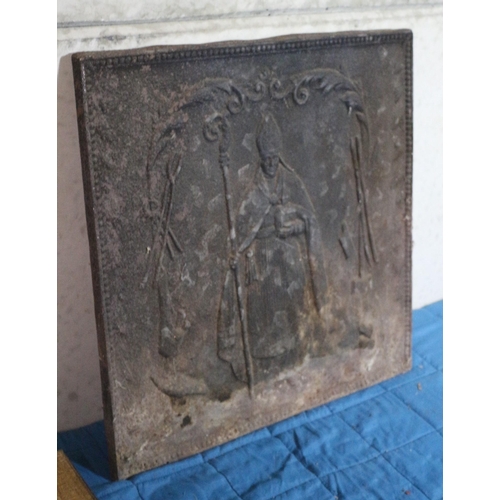 394 - English Antique Cast Iron Fireback Featuring a Rare Catholic Figure to the Centre with Iron Mongers ... 