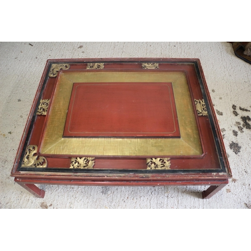 398 - Early 20th Century Lacquered Red Rectangular Glass Topped Chinese Table with Lucky Bat Carvings - 10... 