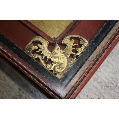 398 - Early 20th Century Lacquered Red Rectangular Glass Topped Chinese Table with Lucky Bat Carvings - 10... 