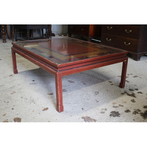 398 - Early 20th Century Lacquered Red Rectangular Glass Topped Chinese Table with Lucky Bat Carvings - 10... 