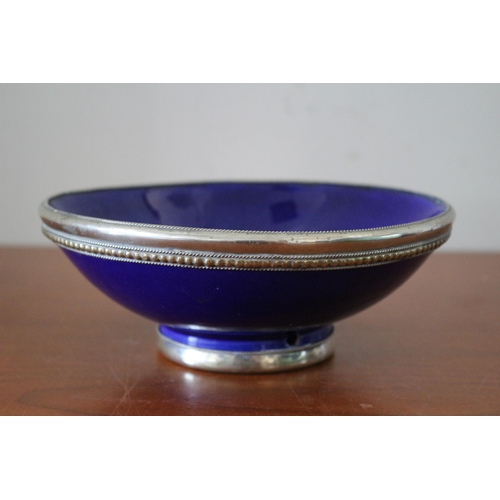 415 - Very Nice Electric Blue Glazed Ceramic Bowl with White Metal Covering the Edge and Around the Base -... 