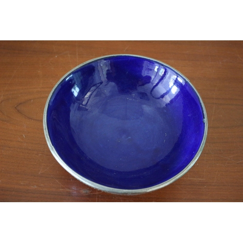 415 - Very Nice Electric Blue Glazed Ceramic Bowl with White Metal Covering the Edge and Around the Base -... 