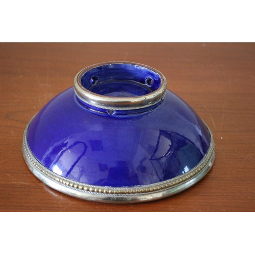 415 - Very Nice Electric Blue Glazed Ceramic Bowl with White Metal Covering the Edge and Around the Base -... 