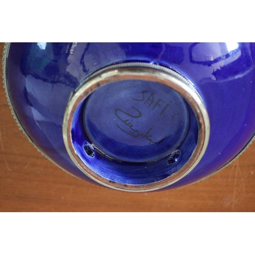 415 - Very Nice Electric Blue Glazed Ceramic Bowl with White Metal Covering the Edge and Around the Base -... 