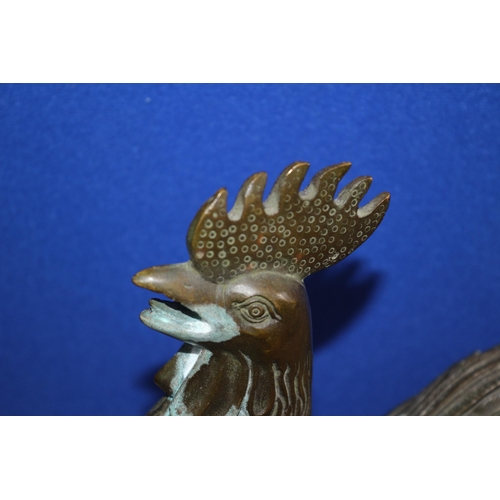 471 - Heavy Bronze of a Chinese Cockerel Standing on Coins - Symbolising Good Fortune - 27cm Tall