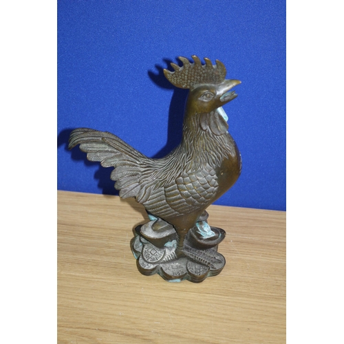 471 - Heavy Bronze of a Chinese Cockerel Standing on Coins - Symbolising Good Fortune - 27cm Tall