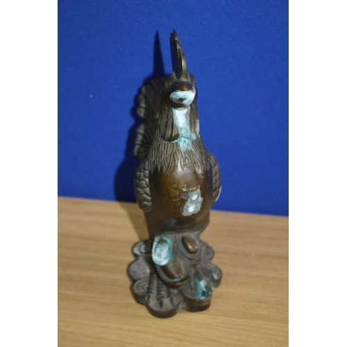 471 - Heavy Bronze of a Chinese Cockerel Standing on Coins - Symbolising Good Fortune - 27cm Tall