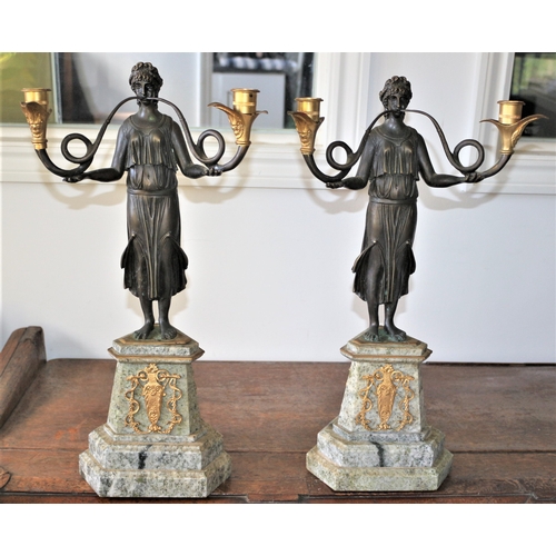 486 - Absolutely Stunning Pair of Aged Large French Bronze Figurine Candlesticks, Each With a Roman Woman ... 