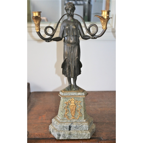 486 - Absolutely Stunning Pair of Aged Large French Bronze Figurine Candlesticks, Each With a Roman Woman ... 