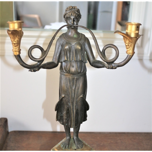 486 - Absolutely Stunning Pair of Aged Large French Bronze Figurine Candlesticks, Each With a Roman Woman ... 