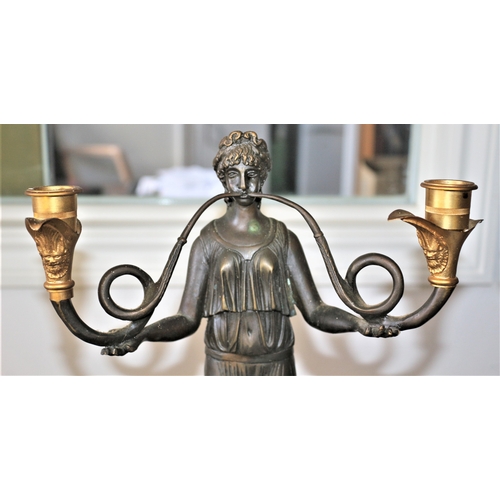 486 - Absolutely Stunning Pair of Aged Large French Bronze Figurine Candlesticks, Each With a Roman Woman ... 