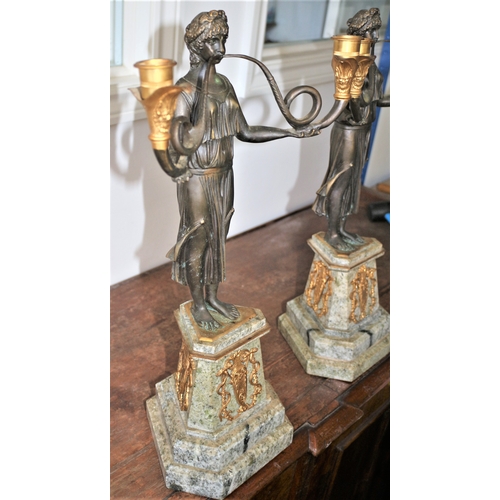 486 - Absolutely Stunning Pair of Aged Large French Bronze Figurine Candlesticks, Each With a Roman Woman ... 