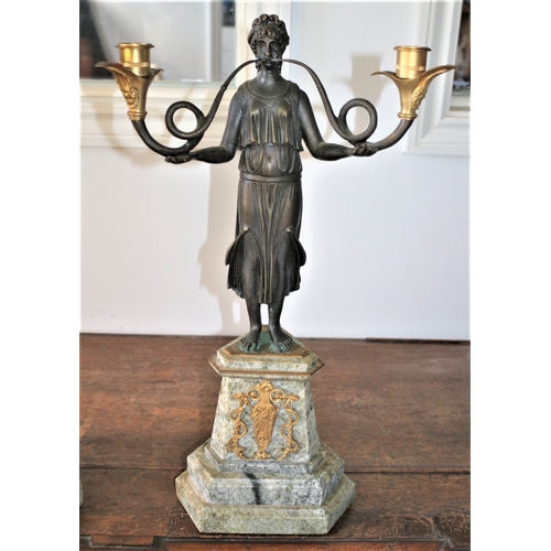 486 - Absolutely Stunning Pair of Aged Large French Bronze Figurine Candlesticks, Each With a Roman Woman ... 