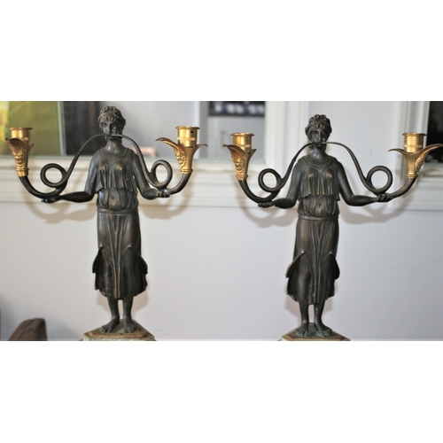 486 - Absolutely Stunning Pair of Aged Large French Bronze Figurine Candlesticks, Each With a Roman Woman ... 