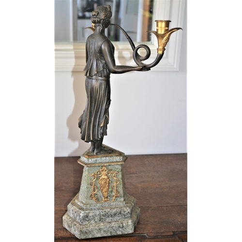 486 - Absolutely Stunning Pair of Aged Large French Bronze Figurine Candlesticks, Each With a Roman Woman ... 