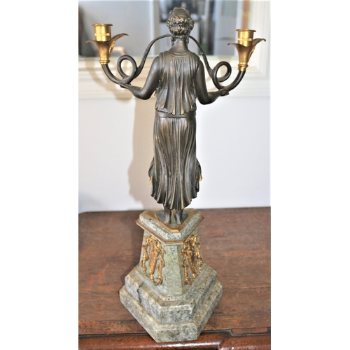 486 - Absolutely Stunning Pair of Aged Large French Bronze Figurine Candlesticks, Each With a Roman Woman ... 