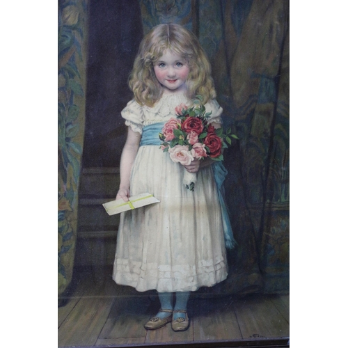 496 - Charles T Frere 1889 Antique Lithograph - Girl with Flowers - Framed and Glazed - 62 x 49cm