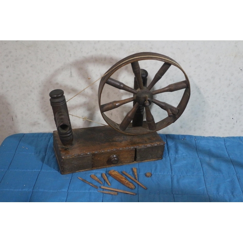 519 - 19th Century Hand Crafted Wooden Spinning Bobbin Winder with Tools in Drawer