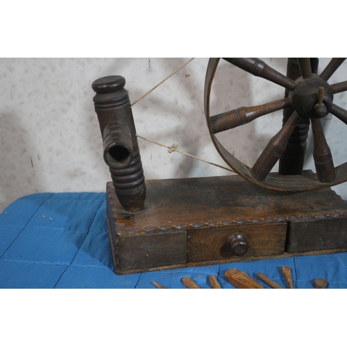 519 - 19th Century Hand Crafted Wooden Spinning Bobbin Winder with Tools in Drawer