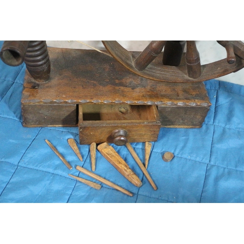 519 - 19th Century Hand Crafted Wooden Spinning Bobbin Winder with Tools in Drawer