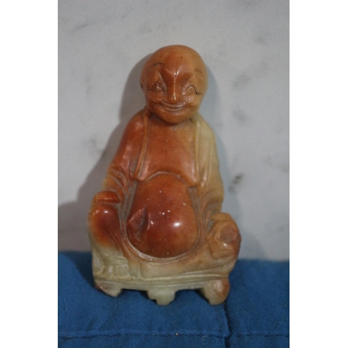 525 - Antique Soapstone Hand Carved Smiling Buddha, was Originally Hand Painted Also - 8cm