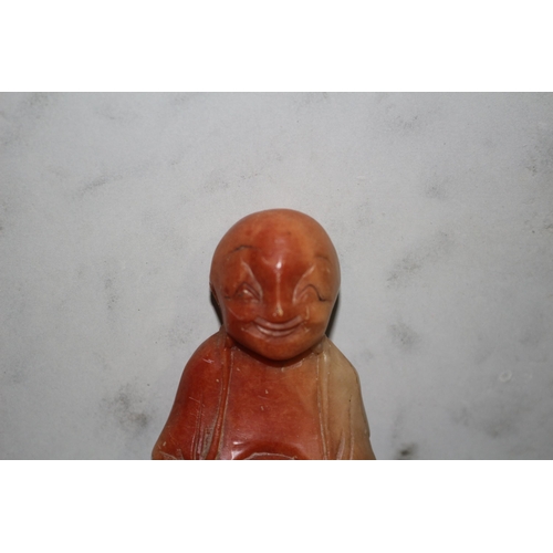 525 - Antique Soapstone Hand Carved Smiling Buddha, was Originally Hand Painted Also - 8cm