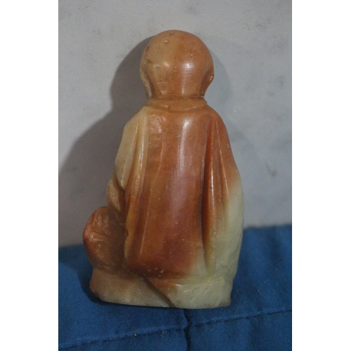 525 - Antique Soapstone Hand Carved Smiling Buddha, was Originally Hand Painted Also - 8cm