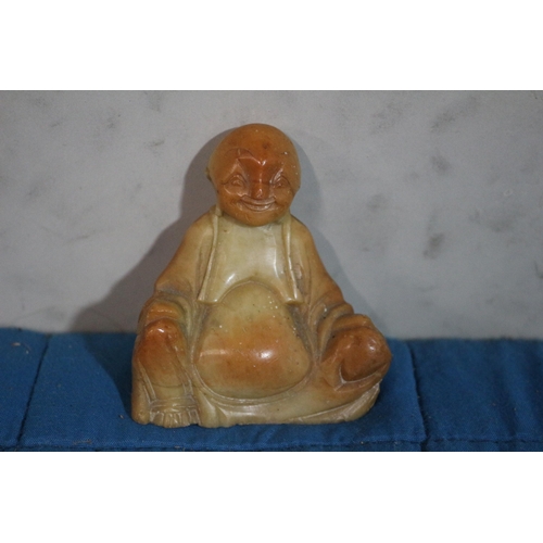 526 - Antique Soapstone Hand Carved Smiling Buddha, was Originally Hand Painted Also - 7cm