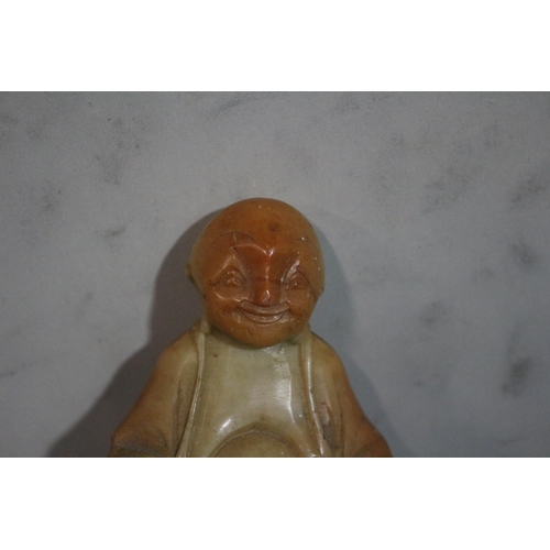 526 - Antique Soapstone Hand Carved Smiling Buddha, was Originally Hand Painted Also - 7cm