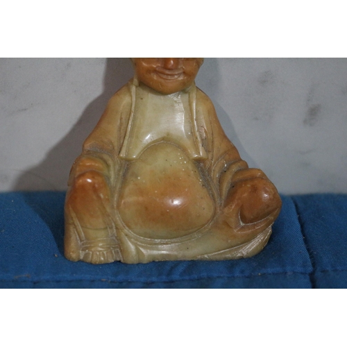 526 - Antique Soapstone Hand Carved Smiling Buddha, was Originally Hand Painted Also - 7cm