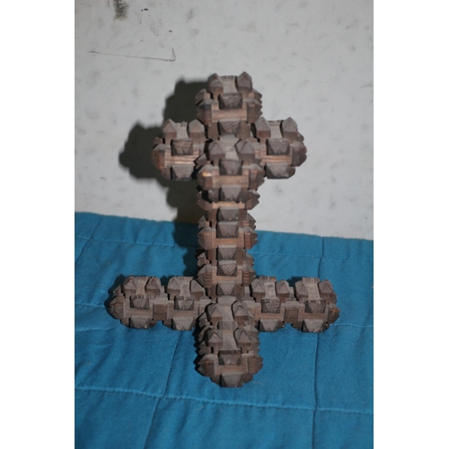 529 - Antique Piece of Tramp Art in the Design of a Crucifix - 19cm Tall