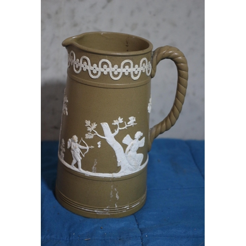 537 - 1860 James Dudson Brown Jasperware Jug - 17cm Tall