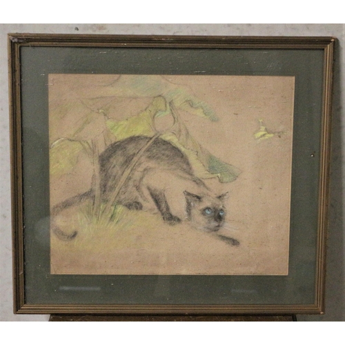 545 - Framed and Glazed Early 20th Century English School Pastel Painting of a Prowling Cat Chasing a Butt... 