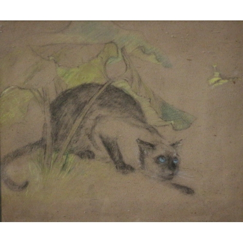 545 - Framed and Glazed Early 20th Century English School Pastel Painting of a Prowling Cat Chasing a Butt... 