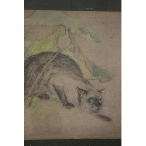 545 - Framed and Glazed Early 20th Century English School Pastel Painting of a Prowling Cat Chasing a Butt... 