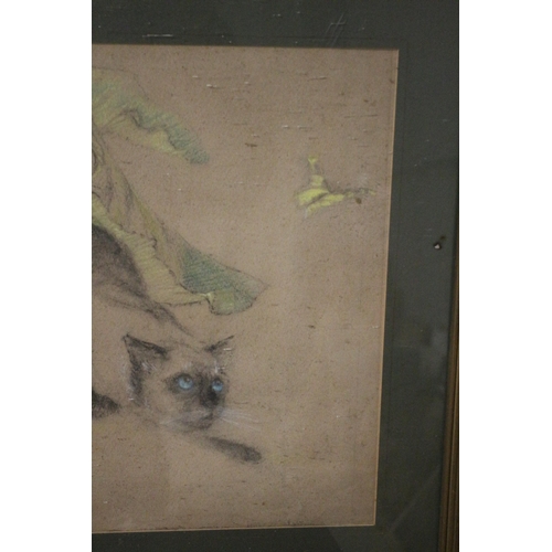 545 - Framed and Glazed Early 20th Century English School Pastel Painting of a Prowling Cat Chasing a Butt... 