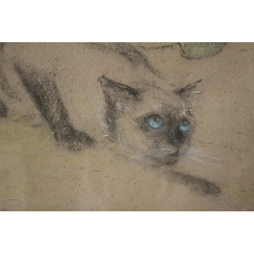 545 - Framed and Glazed Early 20th Century English School Pastel Painting of a Prowling Cat Chasing a Butt... 