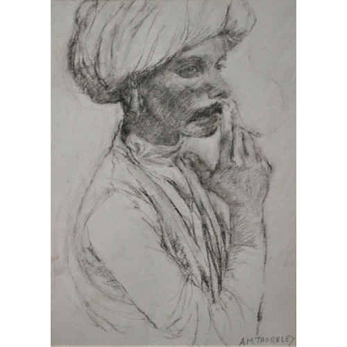 549 - Aileen Thornley - Charcoal Painting of a Smoking Arab Man - Framed and Glazed