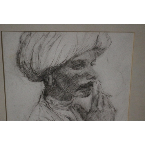 549 - Aileen Thornley - Charcoal Painting of a Smoking Arab Man - Framed and Glazed