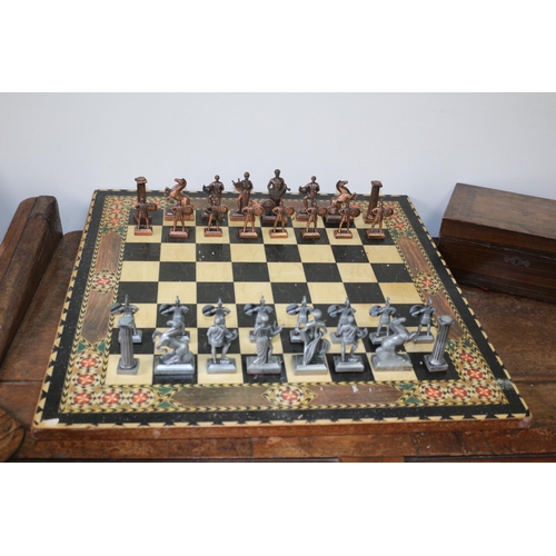 555 - Large Inlaid Chess Board with 2 Different Metal Roman Style Chess Pieces - 49.5 x 49.5cm - Tallest C... 