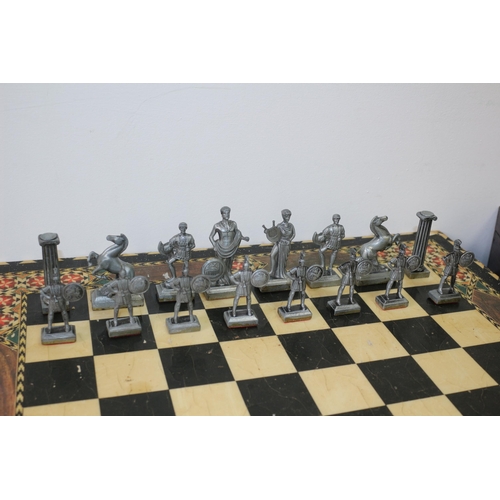 555 - Large Inlaid Chess Board with 2 Different Metal Roman Style Chess Pieces - 49.5 x 49.5cm - Tallest C... 