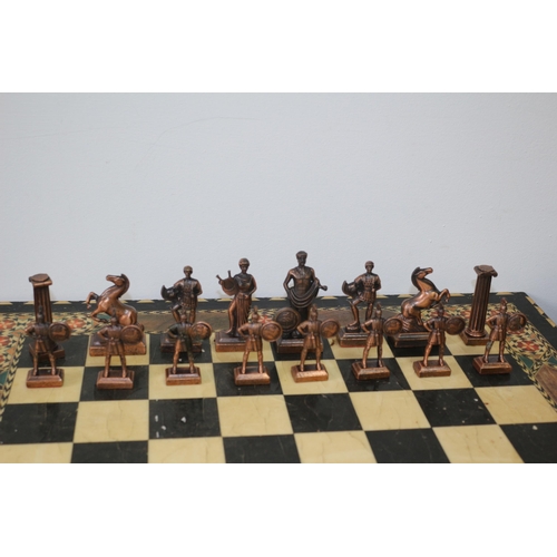 555 - Large Inlaid Chess Board with 2 Different Metal Roman Style Chess Pieces - 49.5 x 49.5cm - Tallest C... 