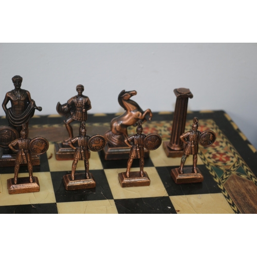 555 - Large Inlaid Chess Board with 2 Different Metal Roman Style Chess Pieces - 49.5 x 49.5cm - Tallest C... 