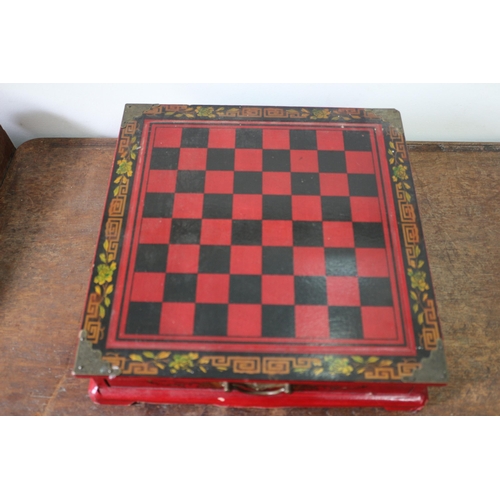 556 - Chinese Resin Chess Pieces Housed in an Ornate Twin Drawer Lacquered Chess Box - 28 x 27cm