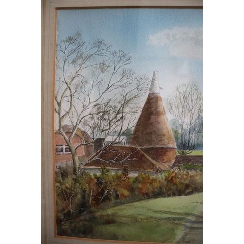 Watercolour Oast House Scene, 44 x 54cm - Signed